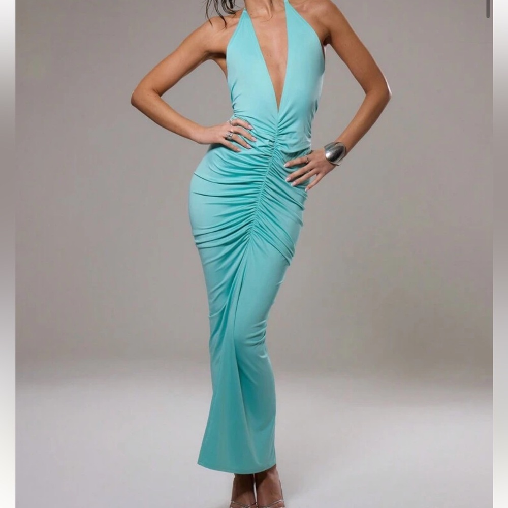 Musera Ruched Elegant Aqua Halter Dress